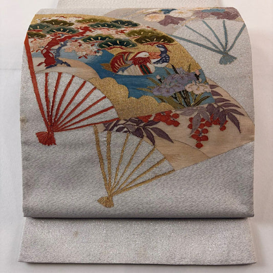 袋帶 秀品級 扇子子 鴛鴦 金絲 金金箔 灰色 大鼓圖案 純蠶絲