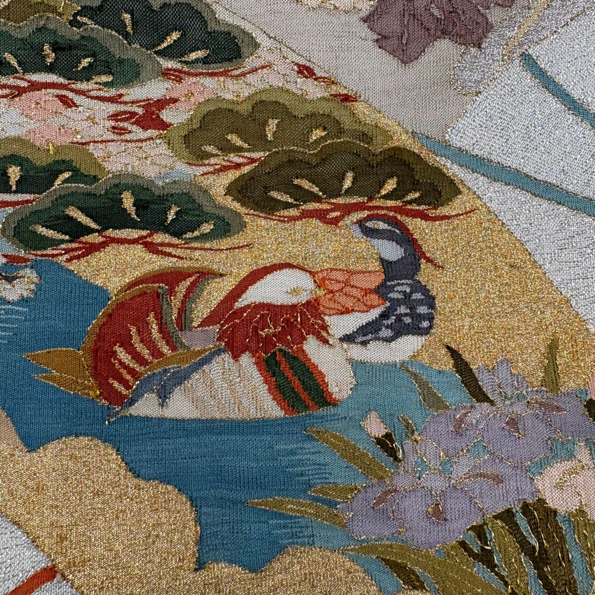 袋帶 秀品級 扇子子 鴛鴦 金絲 金金箔 灰色 大鼓圖案 純蠶絲