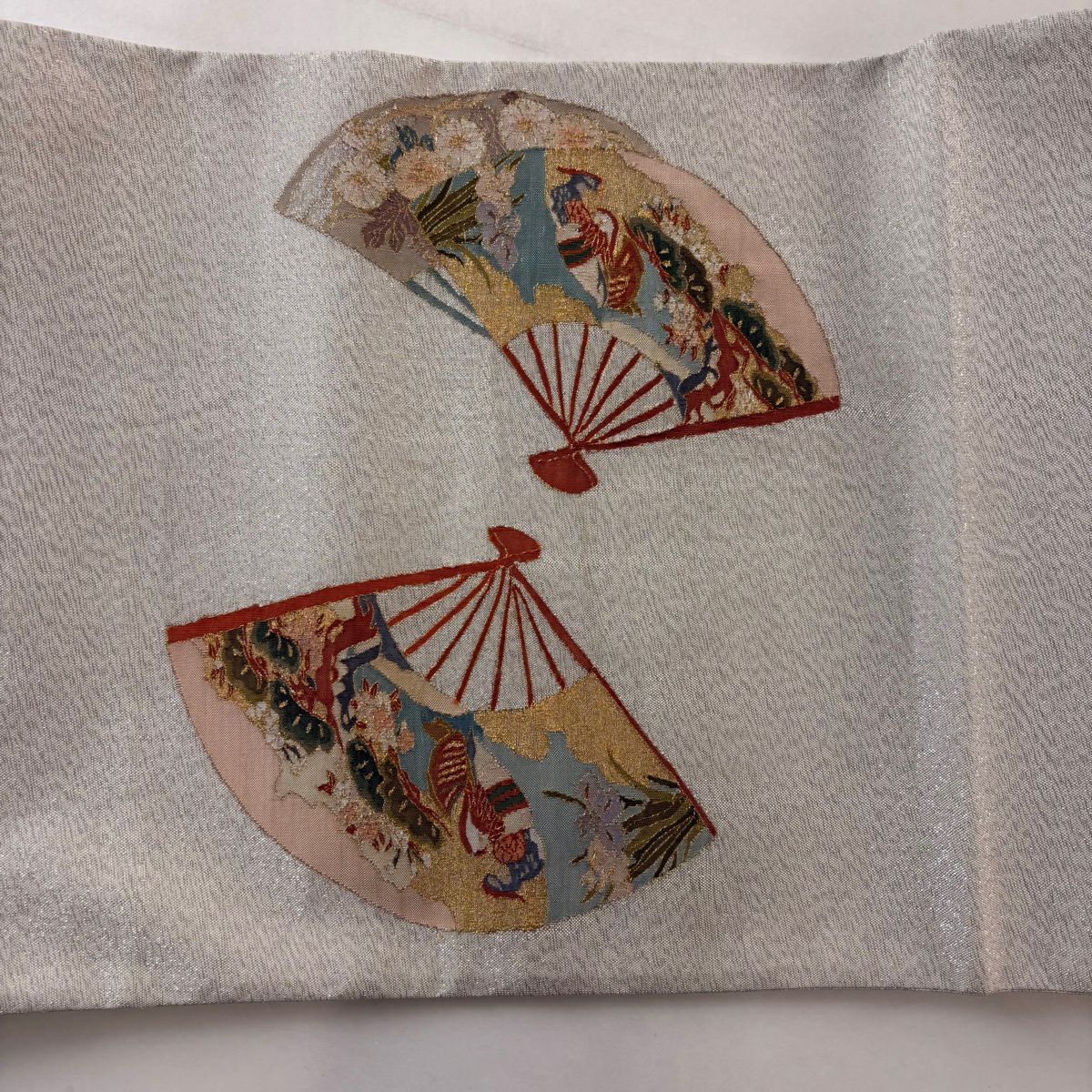 袋帶 秀品級 扇子子 鴛鴦 金絲 金金箔 灰色 大鼓圖案 純蠶絲