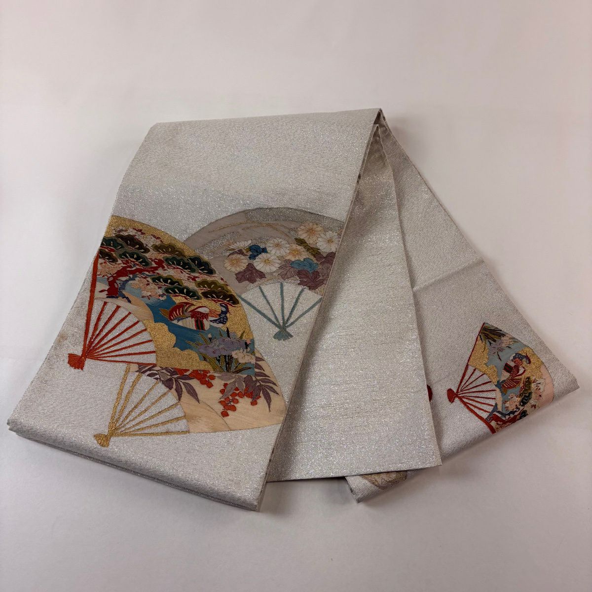 袋帶 秀品級 扇子子 鴛鴦 金絲 金金箔 灰色 大鼓圖案 純蠶絲