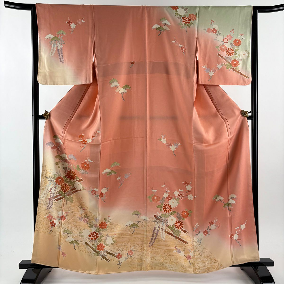 訪問服 身長161cm 袖長64.5cm M 雙層 花筏 菊花 金絲 金銀彩 鮭粉色 純蠶絲 優品級