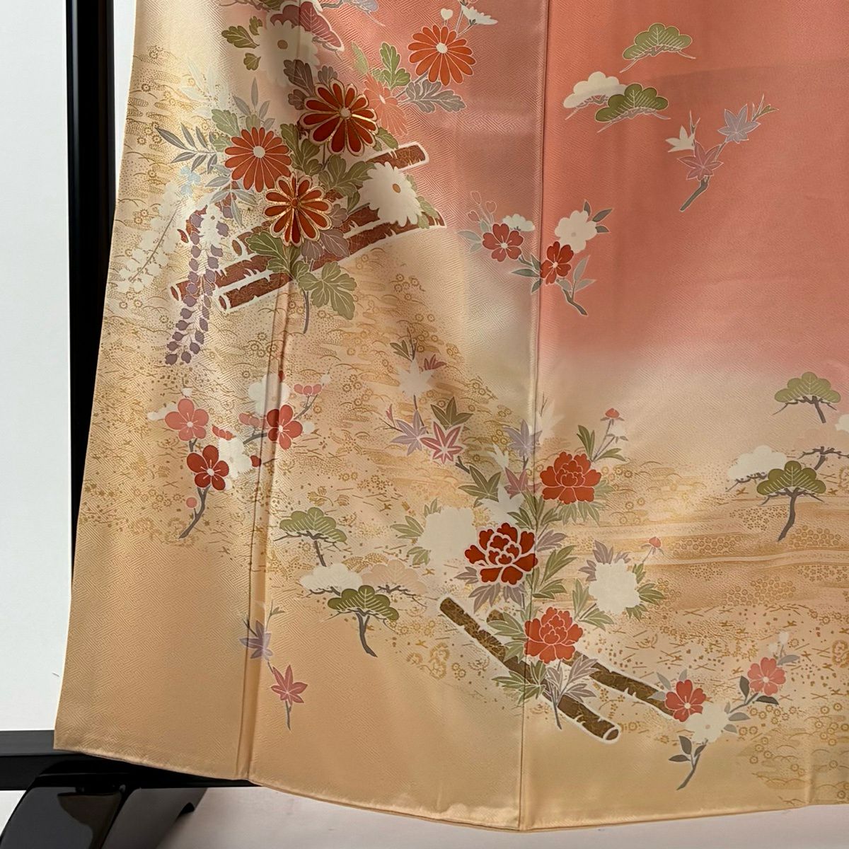 訪問服 身長161cm 袖長64.5cm M 雙層 花筏 菊花 金絲 金銀彩 鮭粉色 純蠶絲 優品級