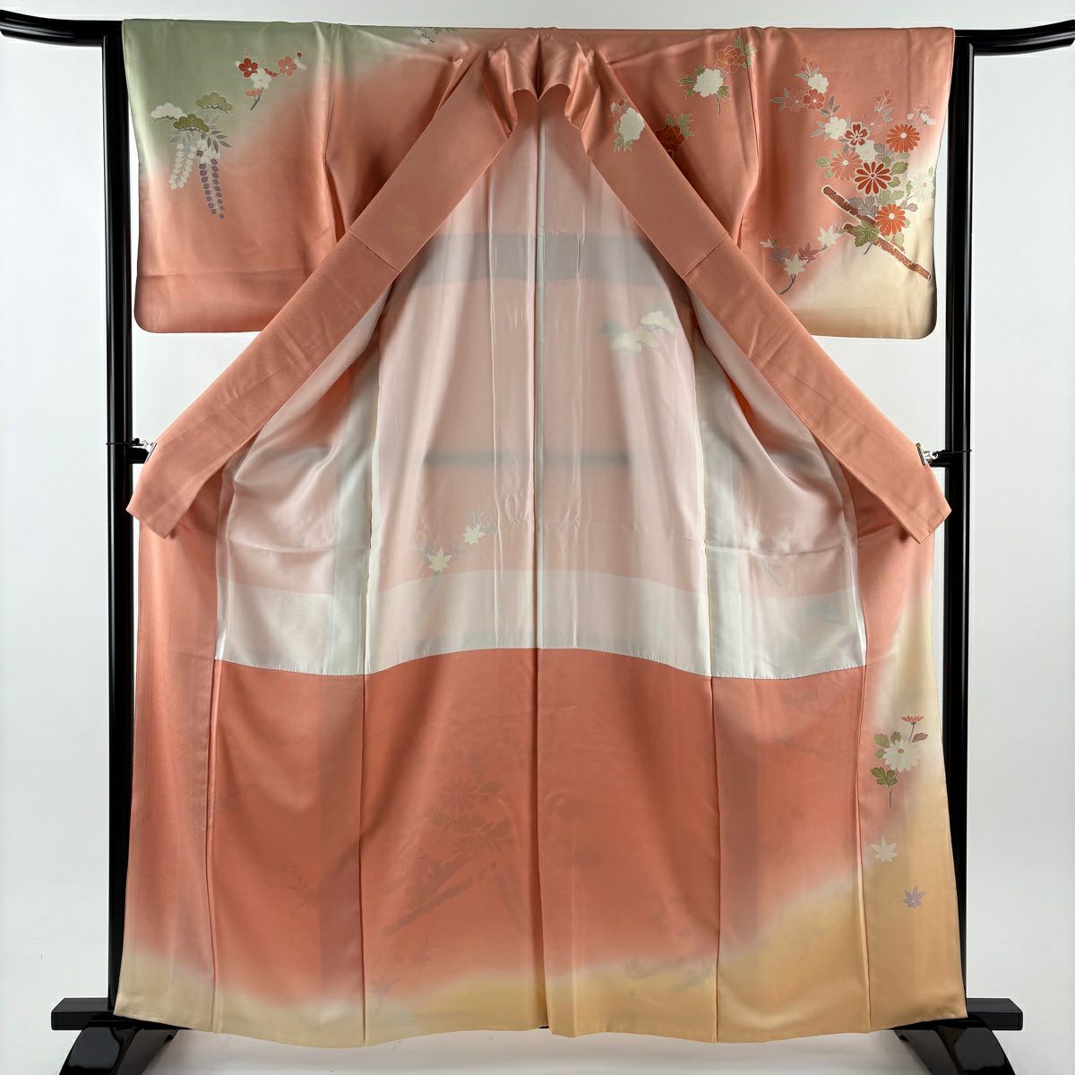 訪問服 身長161cm 袖長64.5cm M 雙層 花筏 菊花 金絲 金銀彩 鮭粉色 純蠶絲 優品級
