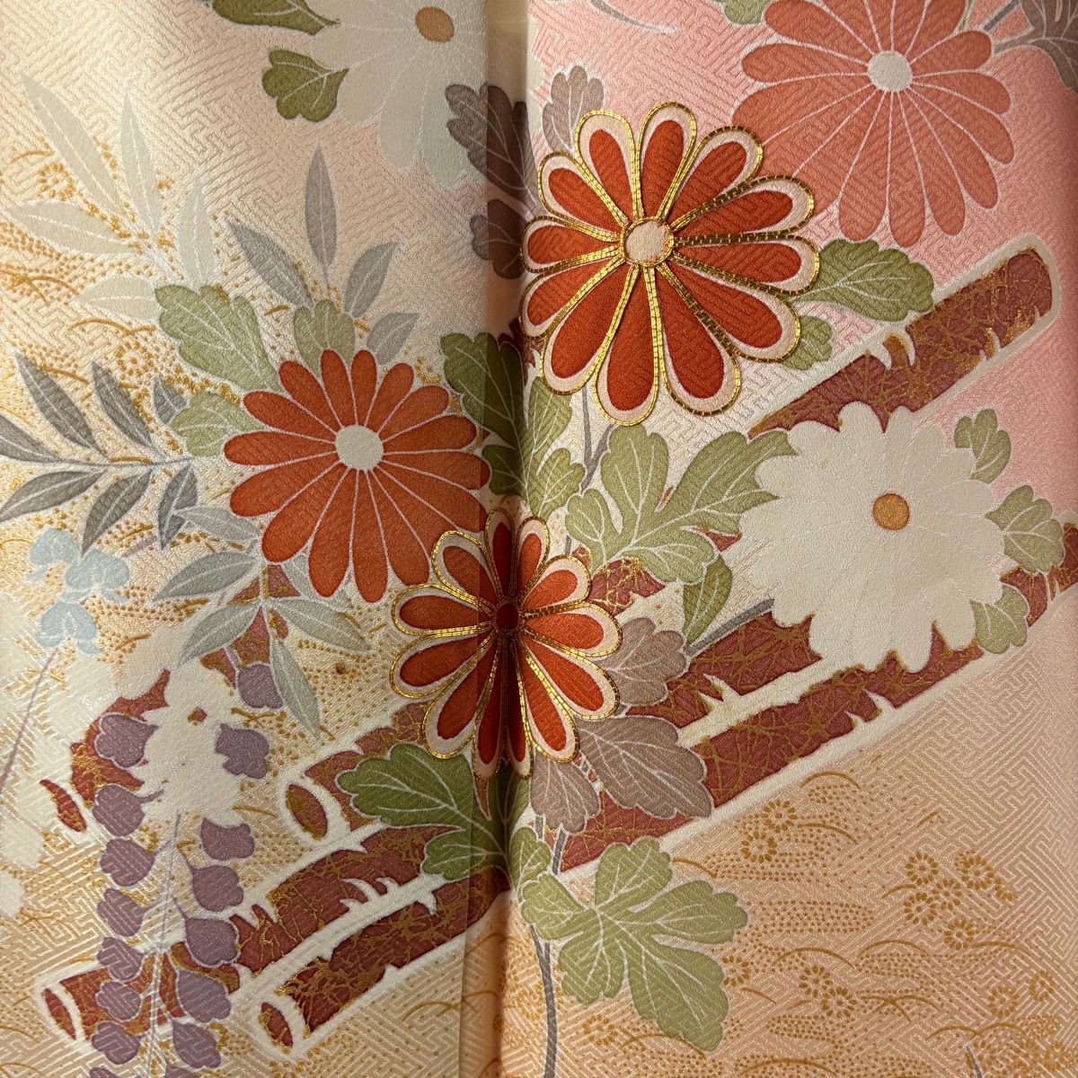 訪問服 身長161cm 袖長64.5cm M 雙層 花筏 菊花 金絲 金銀彩 鮭粉色 純蠶絲 優品級