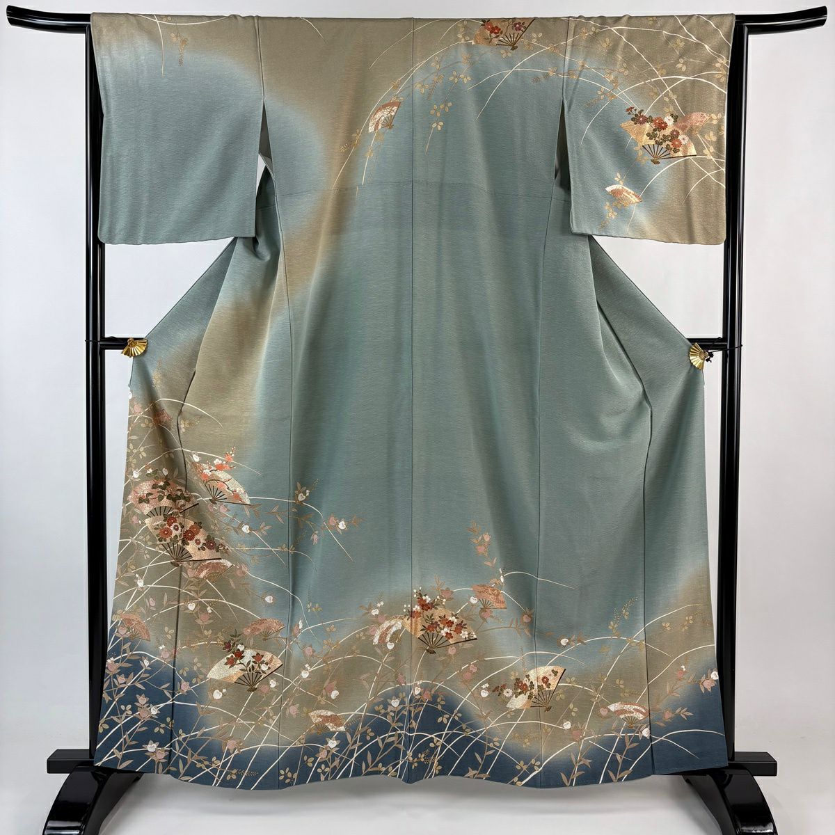 訪問服 身長161.5cm 袖長65cm M 雙層 扇子 草花紋紋 金銀彩 漸層 灰綠 純蠶絲 秀品級