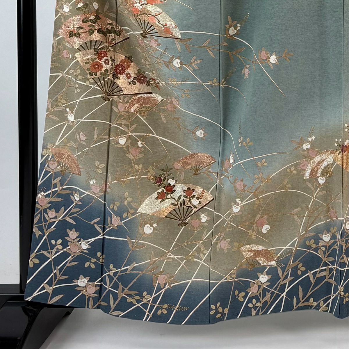 訪問服 身長161.5cm 袖長65cm M 雙層 扇子 草花紋紋 金銀彩 漸層 灰綠 純蠶絲 秀品級
