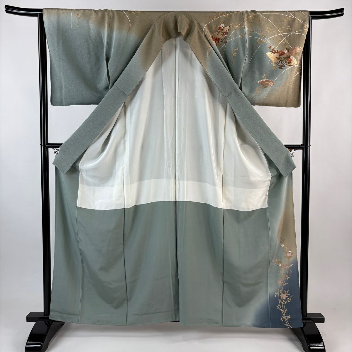 訪問服 身長161.5cm 袖長65cm M 雙層 扇子 草花紋紋 金銀彩 漸層 灰綠 純蠶絲 秀品級