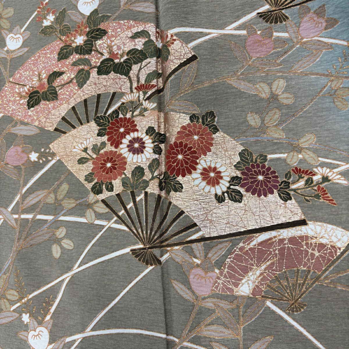 訪問服 身長161.5cm 袖長65cm M 雙層 扇子 草花紋紋 金銀彩 漸層 灰綠 純蠶絲 秀品級