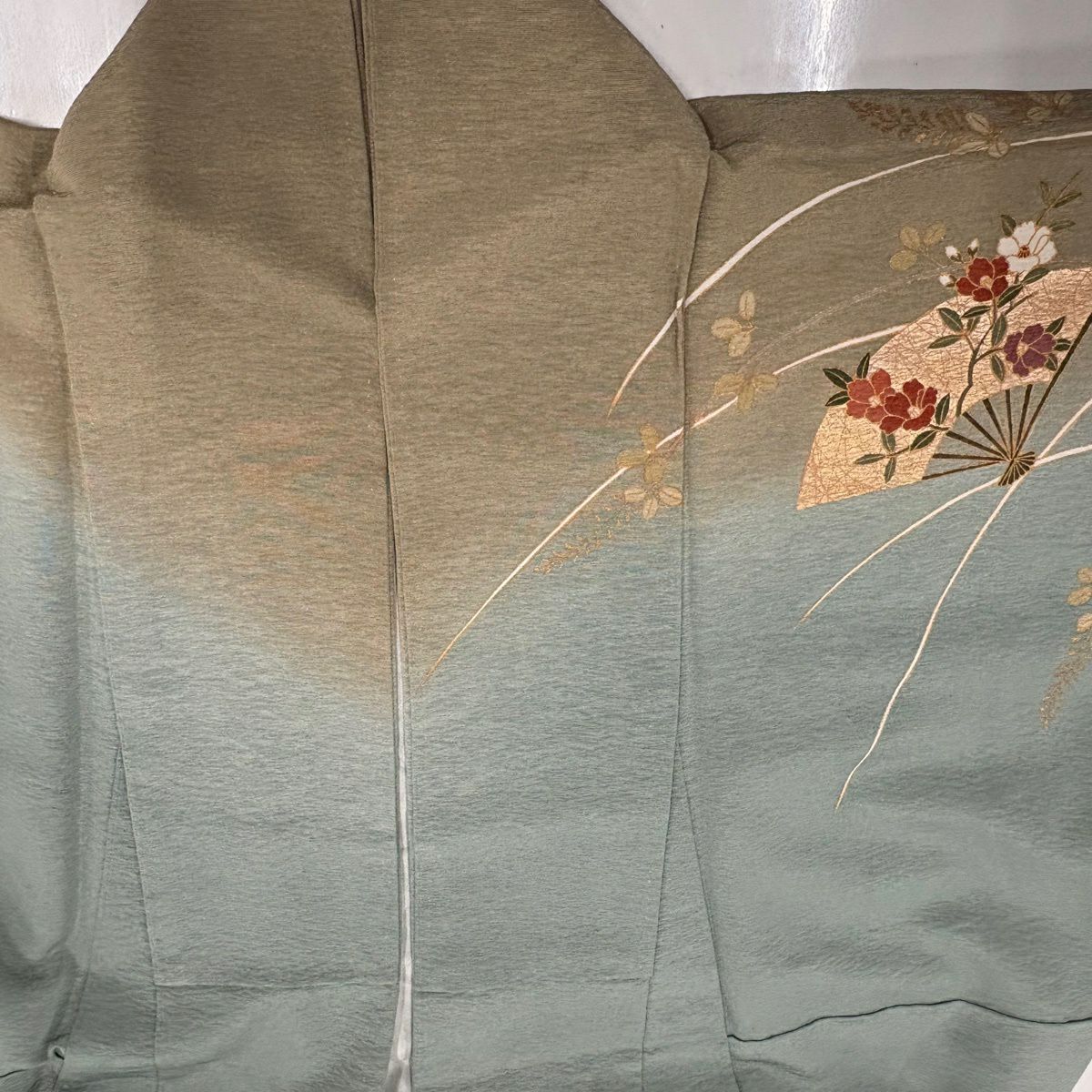 訪問服 身長161.5cm 袖長65cm M 雙層 扇子 草花紋紋 金銀彩 漸層 灰綠 純蠶絲 秀品級