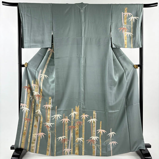 訪問服 身長167cm 袖長66.5cm M 雙層 竹子 寶物紋 金絲 金銀彩 灰綠 純蠶絲 秀品級 一個紋