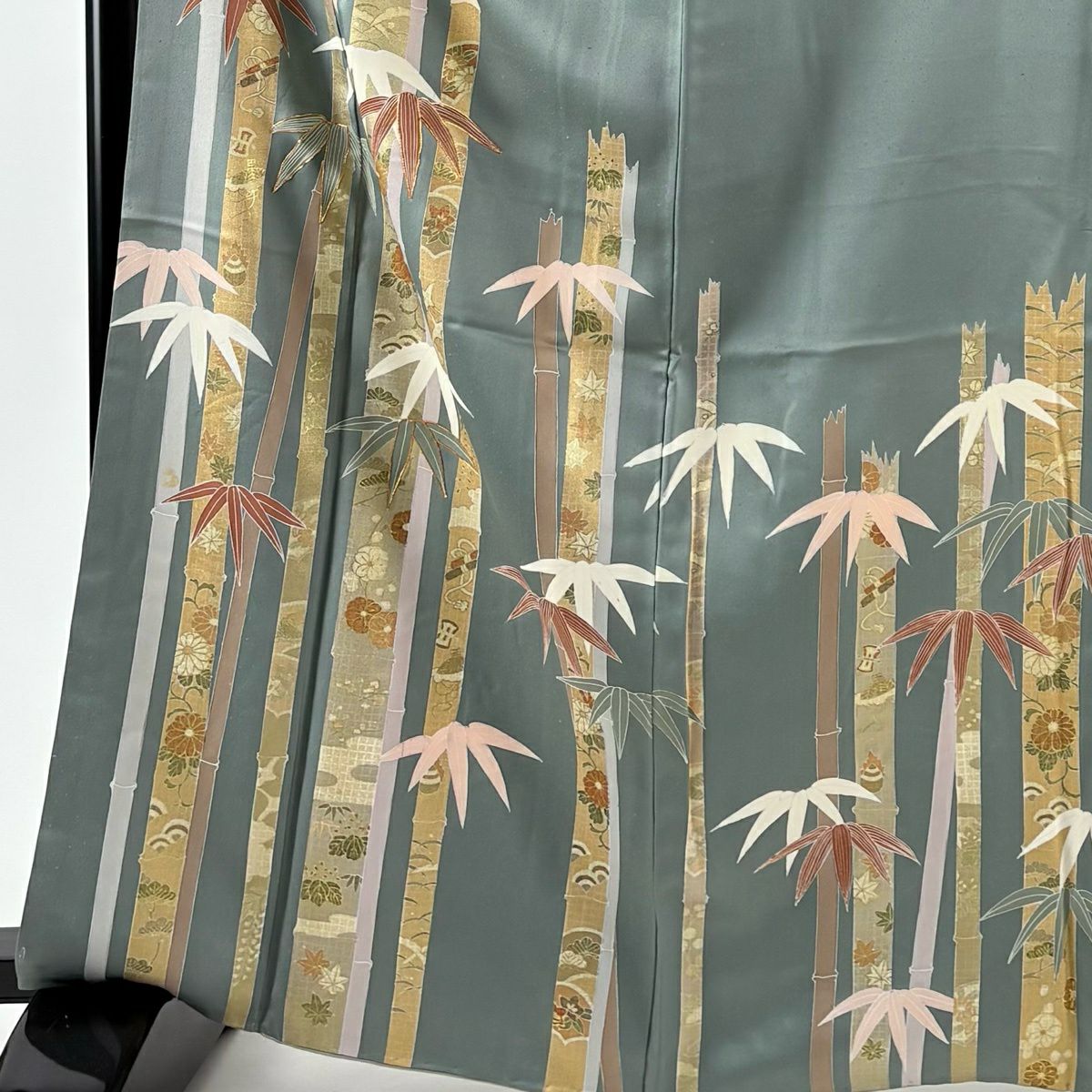 訪問服 身長167cm 袖長66.5cm M 雙層 竹子 寶物紋 金絲 金銀彩 灰綠 純蠶絲 秀品級 一個紋