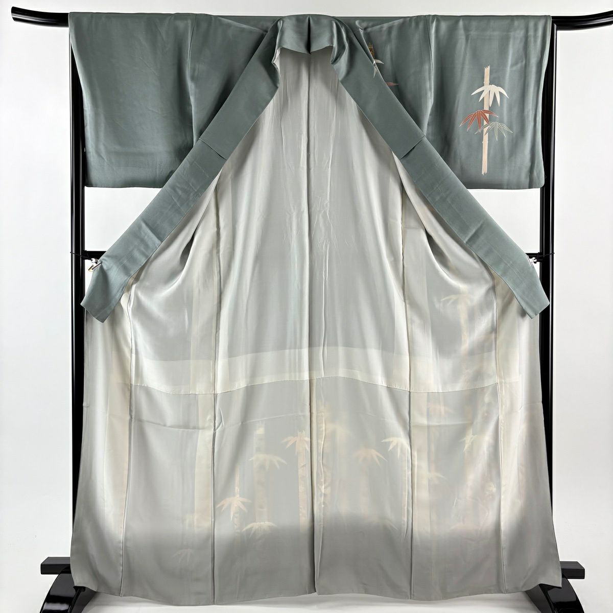 訪問服 身長167cm 袖長66.5cm M 雙層 竹子 寶物紋 金絲 金銀彩 灰綠 純蠶絲 秀品級 一個紋