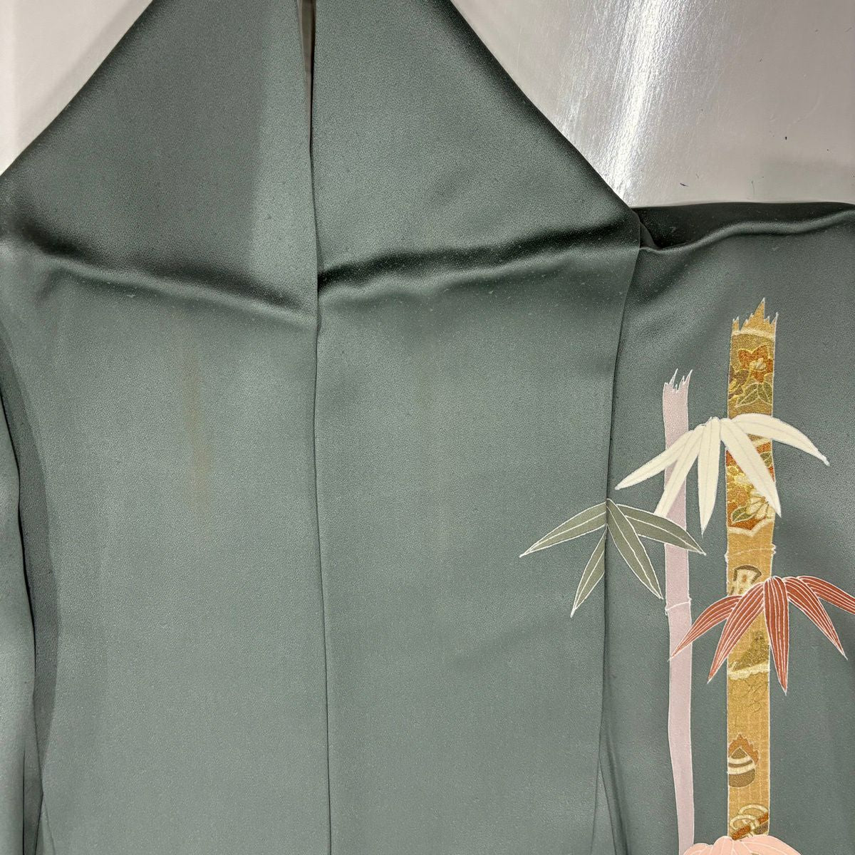 訪問服 身長167cm 袖長66.5cm M 雙層 竹子 寶物紋 金絲 金銀彩 灰綠 純蠶絲 秀品級 一個紋