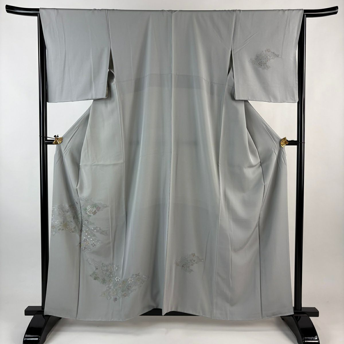 付下 身長160cm 袖長66cm M 雙層 華紋 逆雲取刺繡 灰 純蠶絲 秀品級