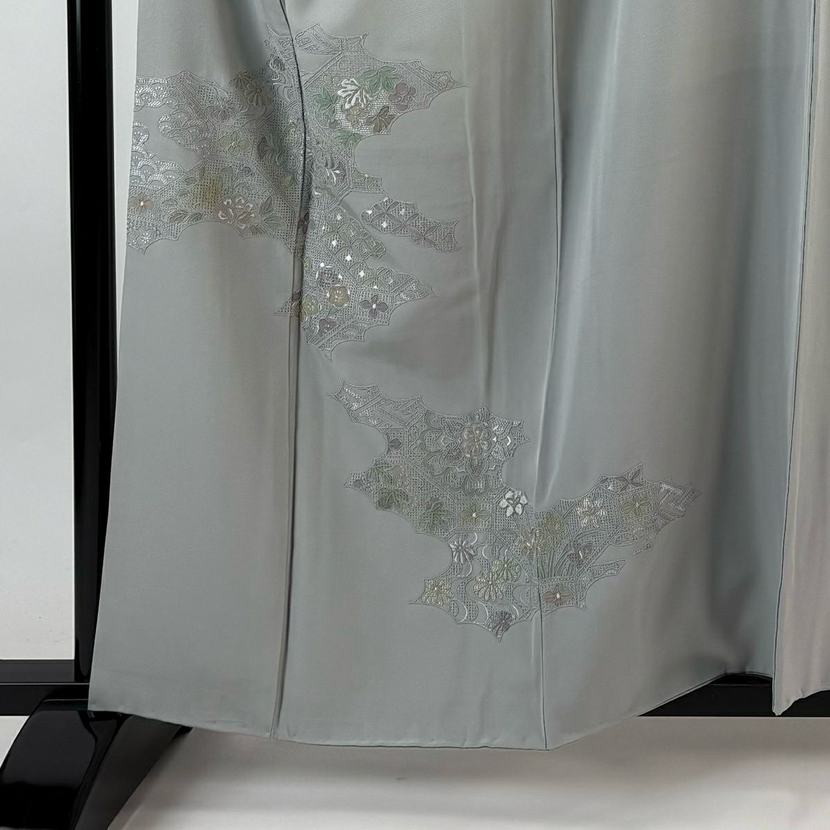 付下 身長160cm 袖長66cm M 雙層 華紋 逆雲取刺繡 灰 純蠶絲 秀品級