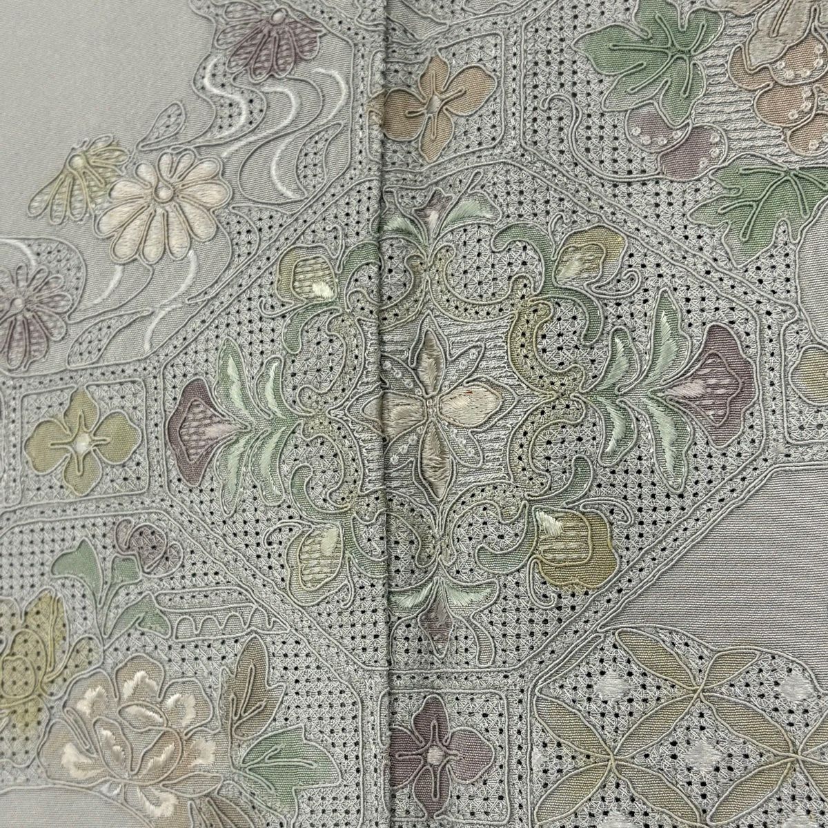 付下 身長160cm 袖長66cm M 雙層 華紋 逆雲取刺繡 灰 純蠶絲 秀品級