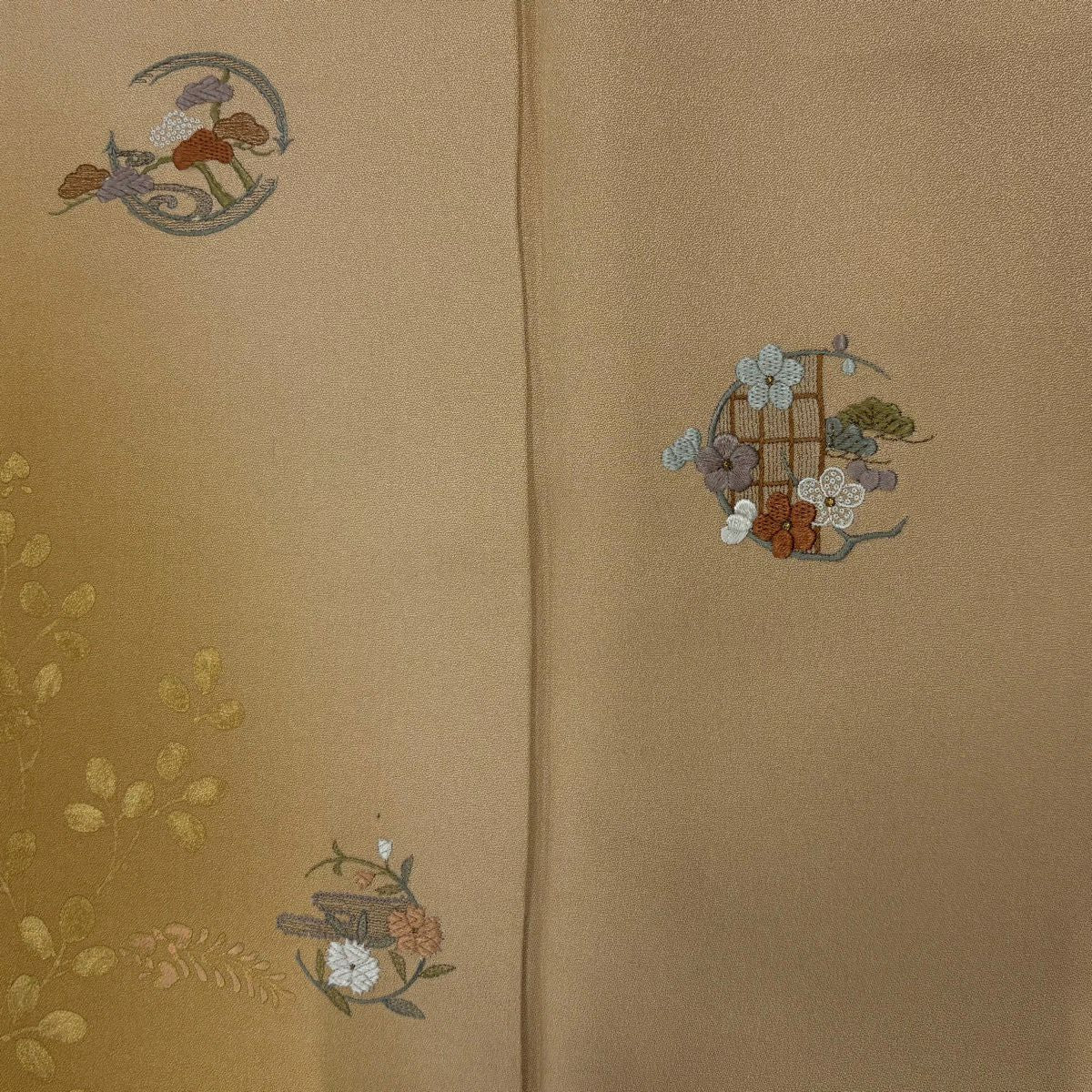 【美品】 付下 身長161cm 袖長65.5cm M 雙層 松樹梅花 花丸紋 刺繡 金糸 淺茶 純蠶絲 優品級