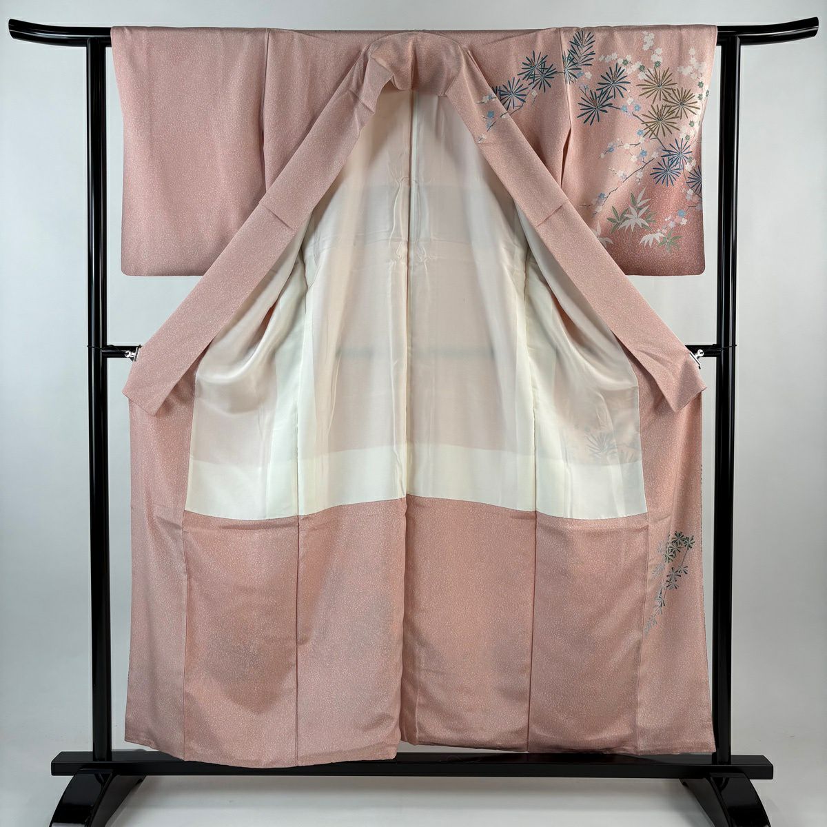 【美品】訪問服 身長156cm 袖長62cm S 雙層 松樹竹子梅花 幾何學 漸層 粉紅 純蠶絲 優品級