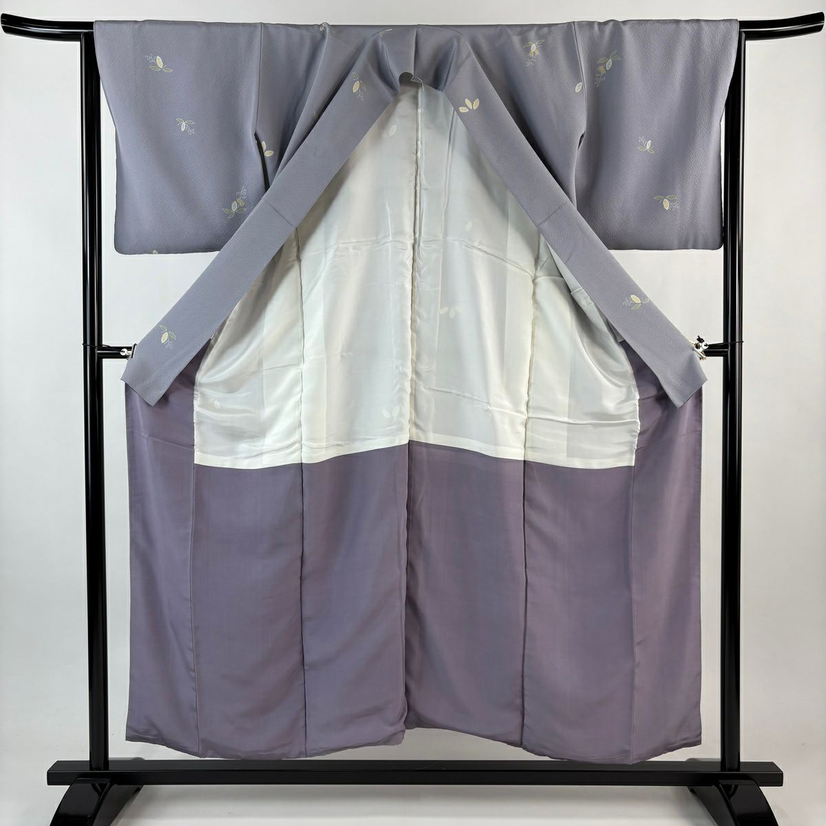 小紋 身長155cm 袖長64cm M 雙層 草花紋紋 灰紫 純蠶絲 秀品級