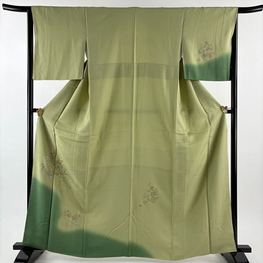 付下 身長163.5cm 袖長64cm M 雙層 花車 地紋 刺繡 染分 抹茶 純蠶絲 秀品級