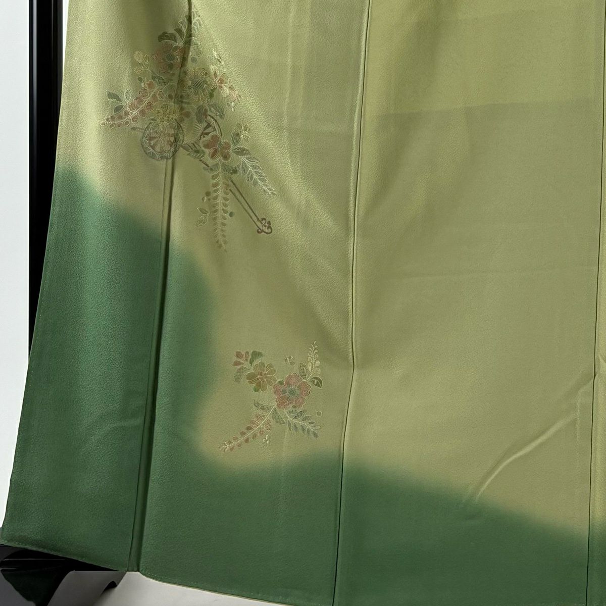 付下 身長163.5cm 袖長64cm M 雙層 花車 地紋 刺繡 染分 抹茶 純蠶絲 秀品級