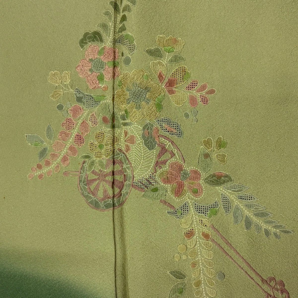 付下 身長163.5cm 袖長64cm M 雙層 花車 地紋 刺繡 染分 抹茶 純蠶絲 秀品級