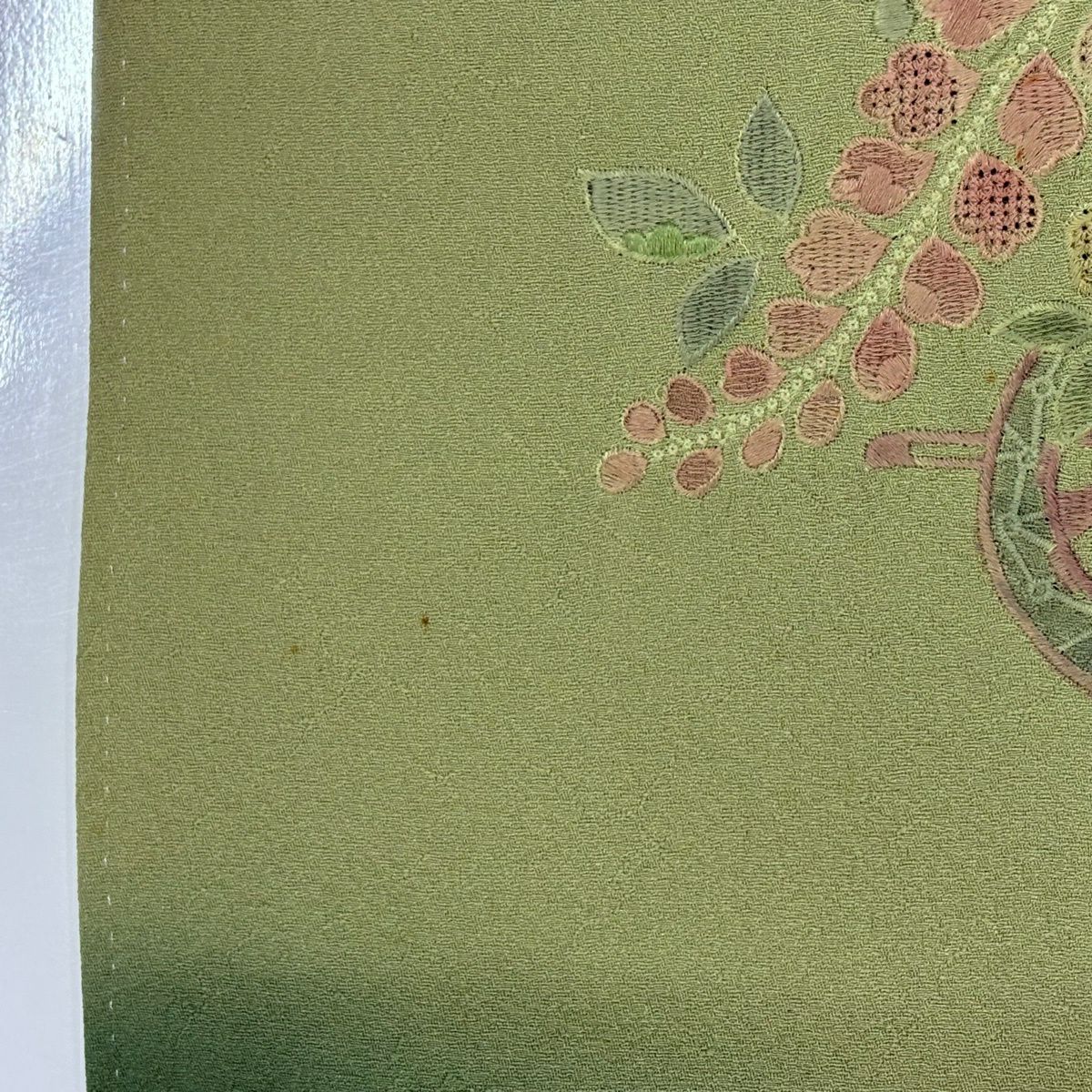 付下 身長163.5cm 袖長64cm M 雙層 花車 地紋 刺繡 染分 抹茶 純蠶絲 秀品級