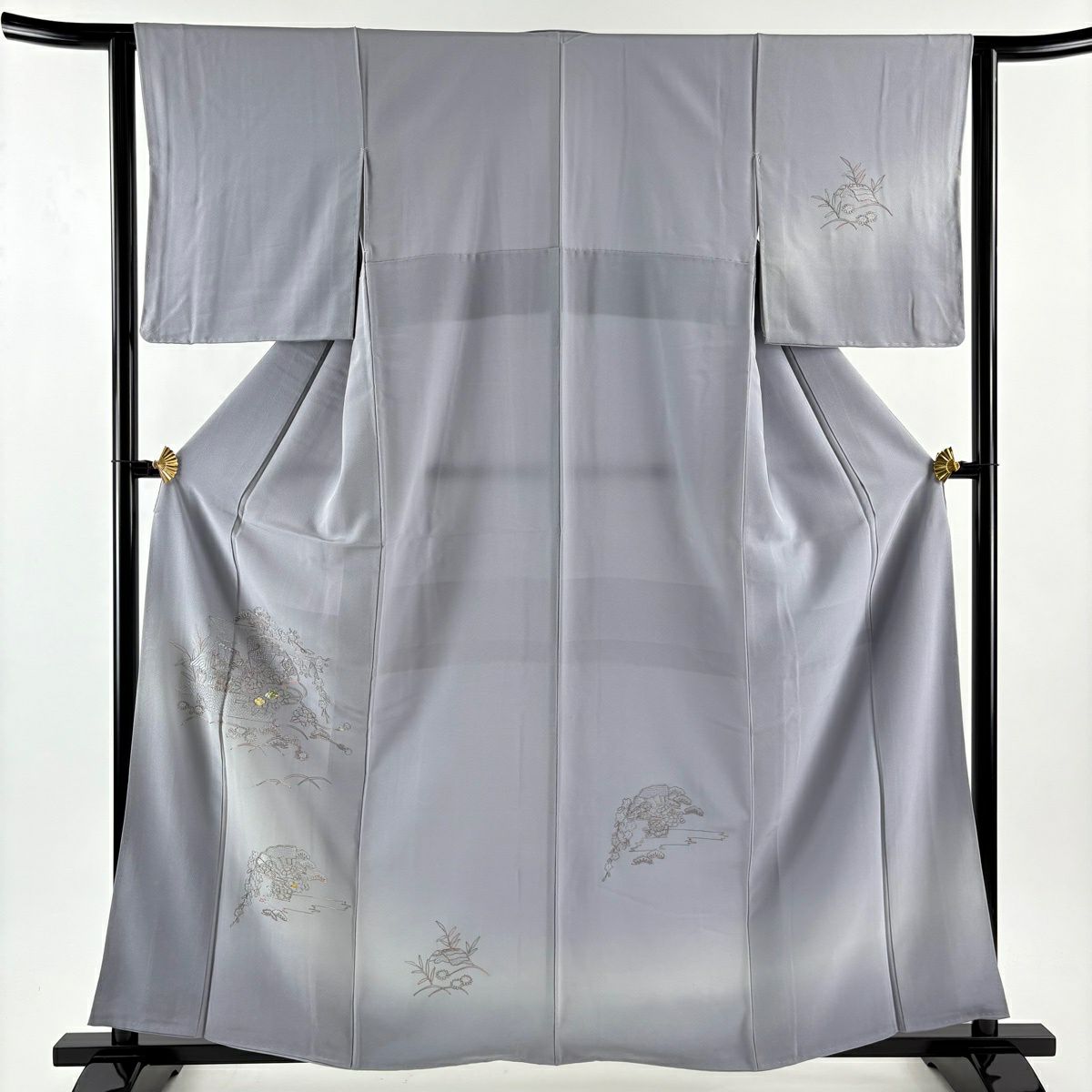 付下 身長160cm 袖長62cm S 雙層 家屋 松樹梅花 螺鈿 刺繡 灰紫 純蠶絲 秀品級
