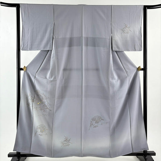 付下 身長160cm 袖長62cm S 雙層 家屋 松樹梅花 螺鈿 刺繡 灰紫 純蠶絲 秀品級