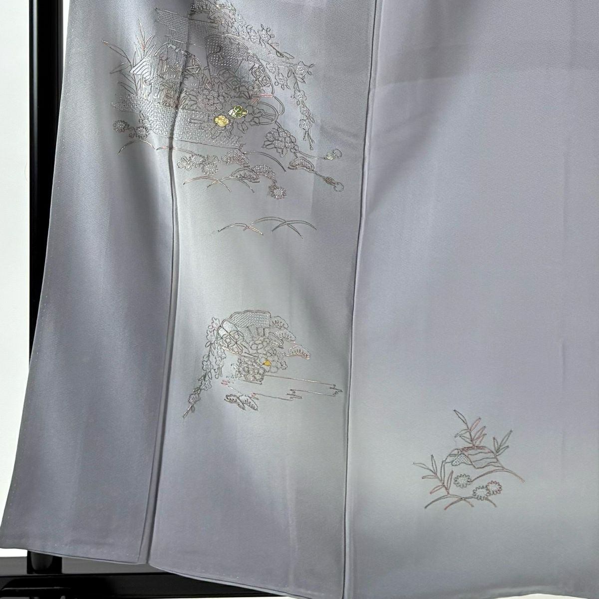 付下 身長160cm 袖長62cm S 雙層 家屋 松樹梅花 螺鈿 刺繡 灰紫 純蠶絲 秀品級