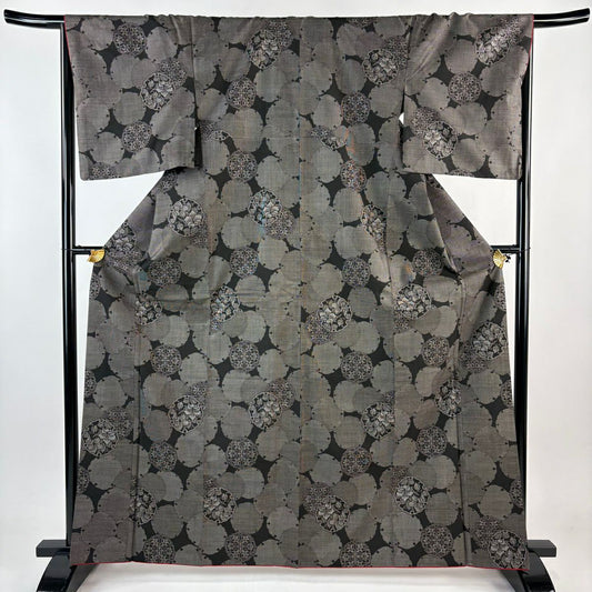 【美品】 紬織 身長165.5cm 袖長66.5cm M 雙層 華紋 雪輪 墨 金彩裝飾 純蠶絲 秀品級
