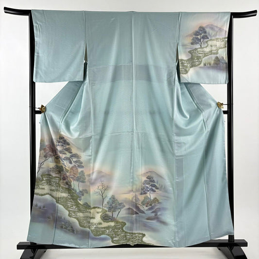 【美品】 付下 身長159cm 袖長64cm M 雙層 建物 樹木 金銀彩 絞染 水色 純蠶絲 秀品級