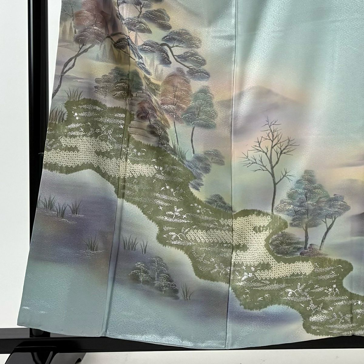 【美品】 付下 身長159cm 袖長64cm M 雙層 建物 樹木 金銀彩 絞染 水色 純蠶絲 秀品級