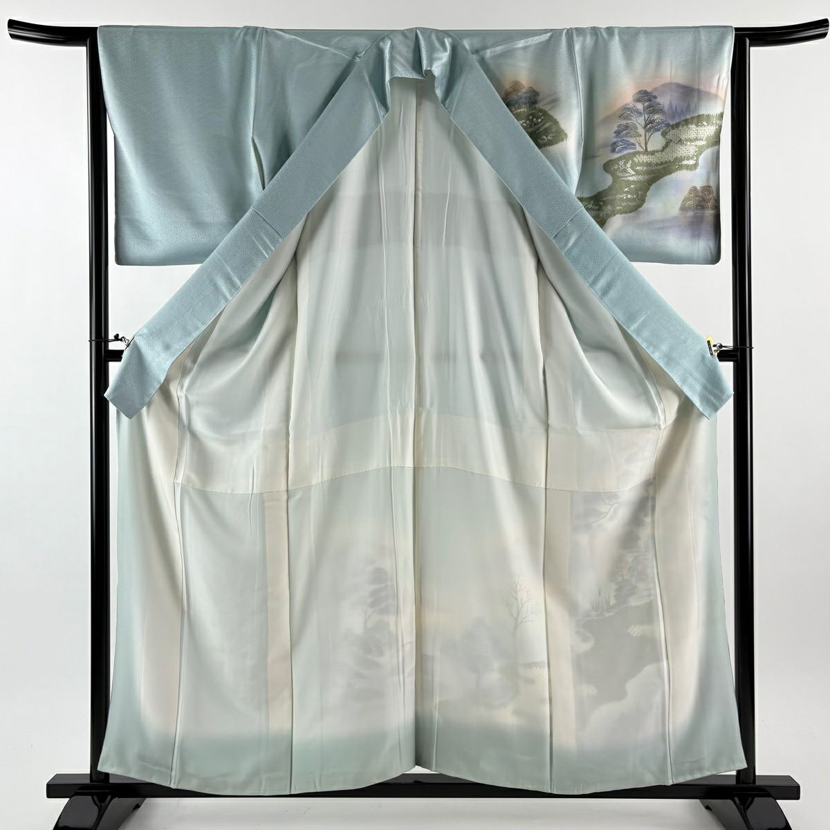 【美品】 付下 身長159cm 袖長64cm M 雙層 建物 樹木 金銀彩 絞染 水色 純蠶絲 秀品級