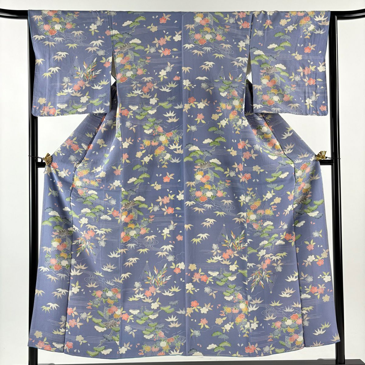 【美品】 小紋 身長153.5cm 袖長65.5cm M 雙層 大和 網干 草花紋紋 紫 純蠶絲 秀品級