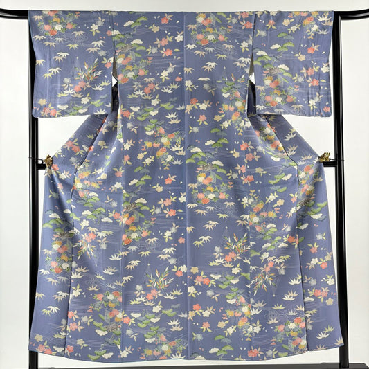 【美品】 小紋 身長153.5cm 袖長65.5cm M 雙層 大和 網干 草花紋紋 紫 純蠶絲 秀品級