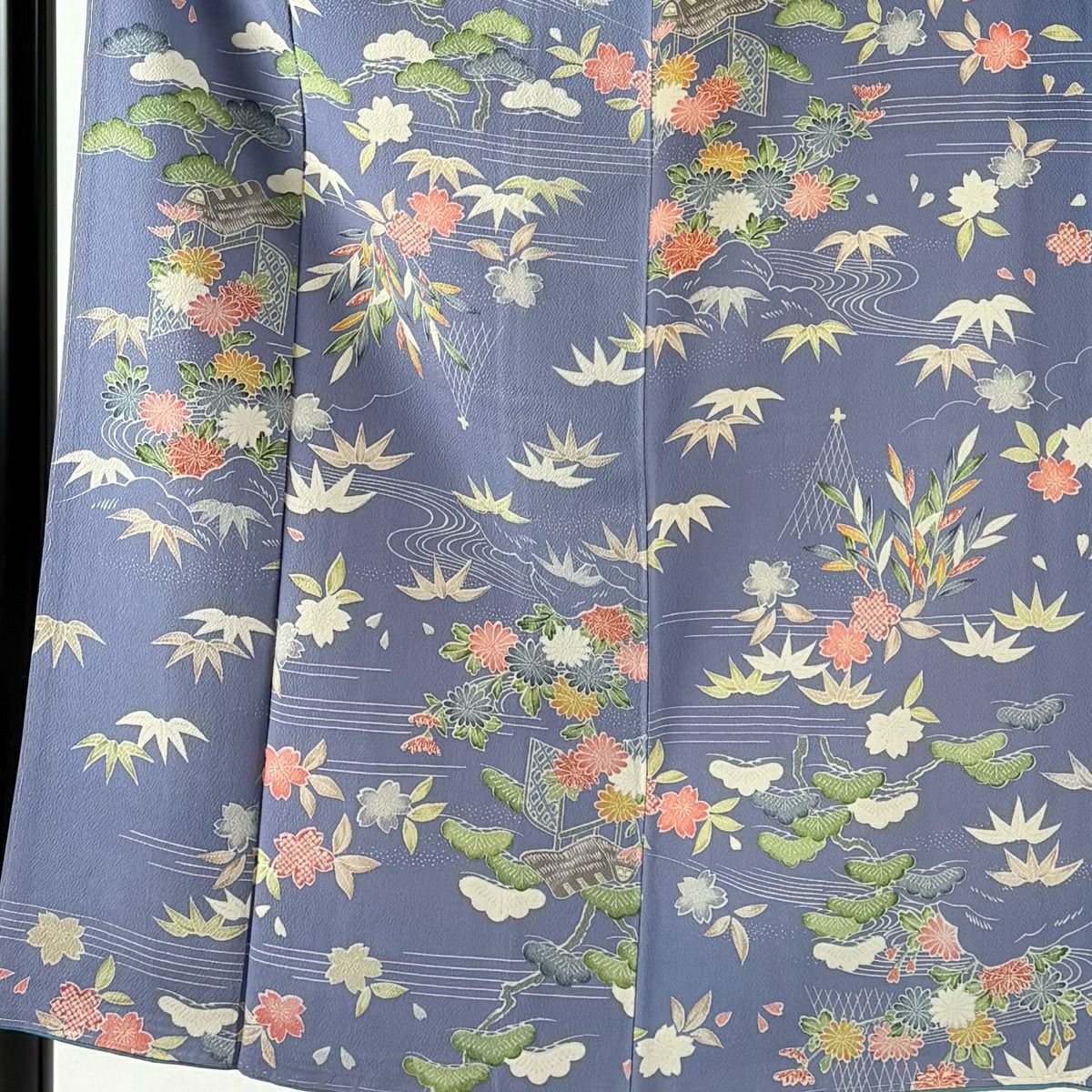 【美品】 小紋 身長153.5cm 袖長65.5cm M 雙層 大和 網干 草花紋紋 紫 純蠶絲 秀品級