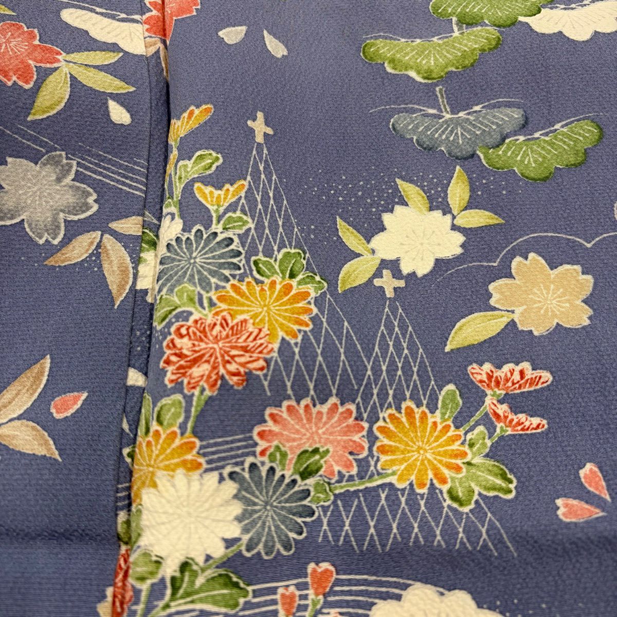 【美品】 小紋 身長153.5cm 袖長65.5cm M 雙層 大和 網干 草花紋紋 紫 純蠶絲 秀品級