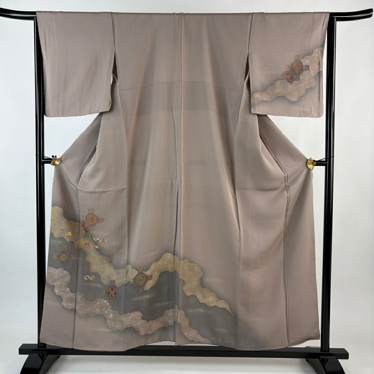 【美品】 付下 身長156.5cm 袖長65cm M 雙層 蜀江文 道長取刺繡 金糸 淺豆色 純蠶絲 秀品級
