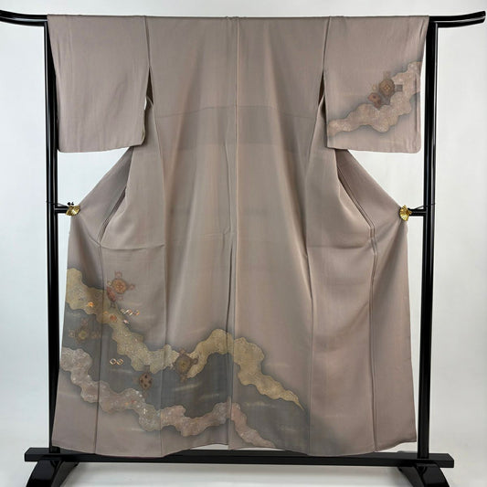 【美品】 付下 身長156.5cm 袖長65cm M 雙層 蜀江文 道長取刺繡 金糸 淺豆色 純蠶絲 秀品級