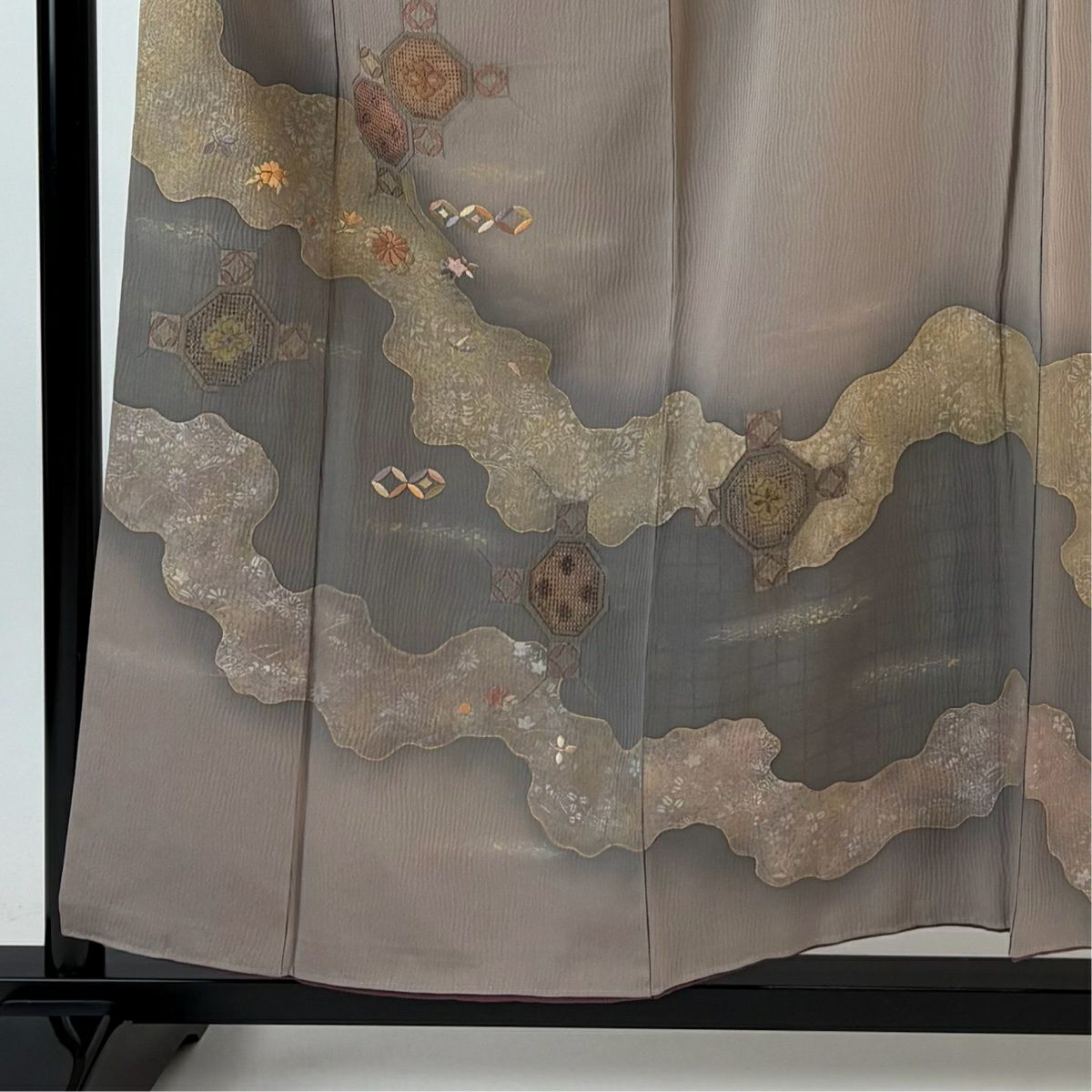 【美品】 付下 身長156.5cm 袖長65cm M 雙層 蜀江文 道長取刺繡 金糸 淺豆色 純蠶絲 秀品級