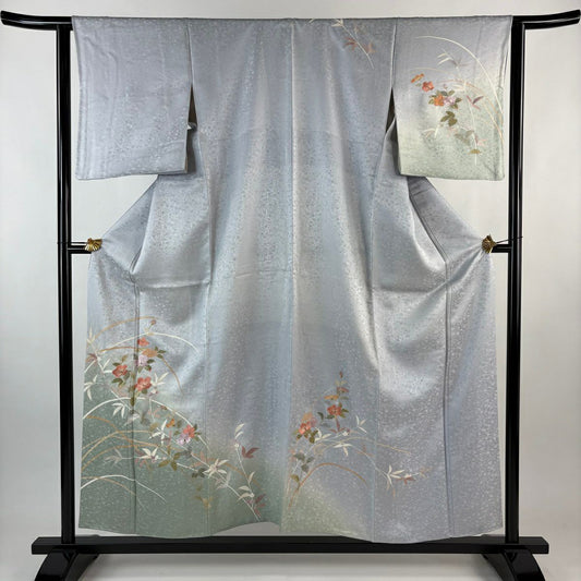 訪問服 身長155.5cm 袖長63cm S 雙層 草花紋紋 地紋 刺繡 金線 青灰 純蠶絲 秀品級 一つ紋