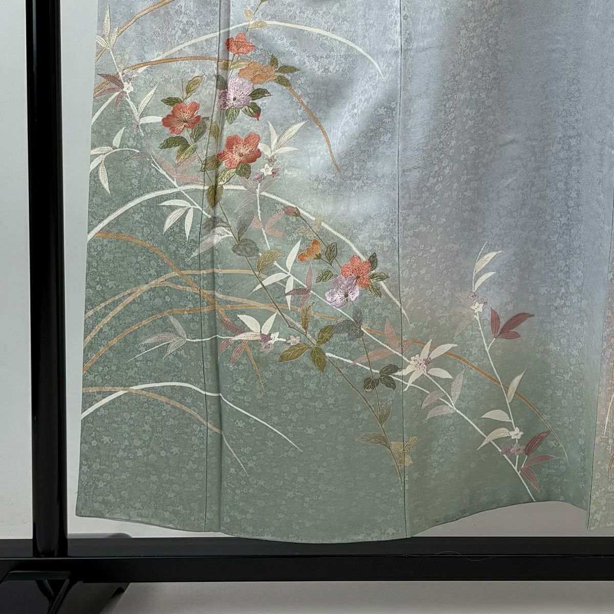 訪問服 身長155.5cm 袖長63cm S 雙層 草花紋紋 地紋 刺繡 金線 青灰 純蠶絲 秀品級 一つ紋