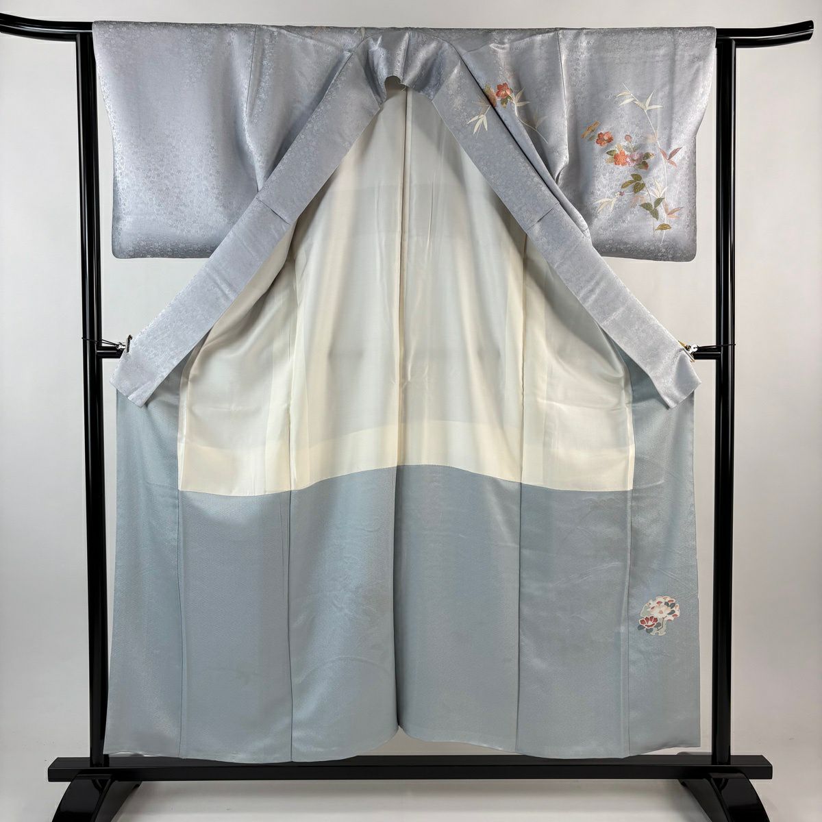 訪問服 身長155.5cm 袖長63cm S 雙層 草花紋紋 地紋 刺繡 金線 青灰 純蠶絲 秀品級 一つ紋