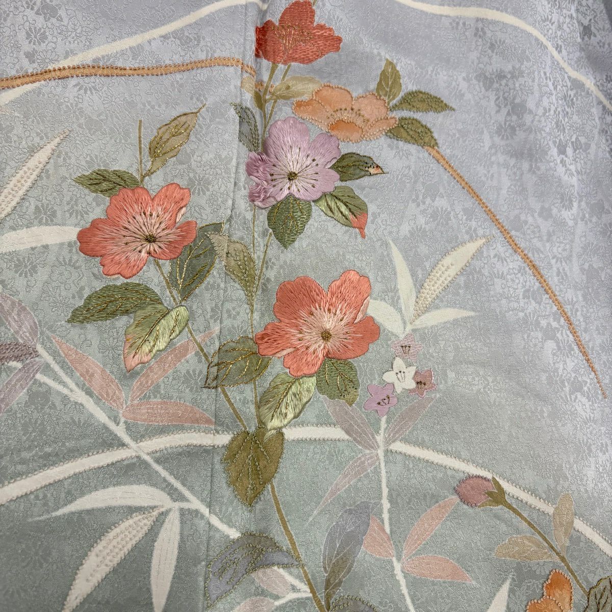 訪問服 身長155.5cm 袖長63cm S 雙層 草花紋紋 地紋 刺繡 金線 青灰 純蠶絲 秀品級 一つ紋