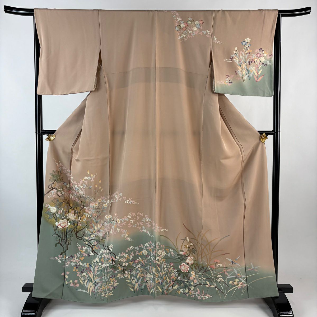 訪問服 身長163.5cm 袖長66cm M 雙層 牡丹 萩 金彩裝飾 染分 粉米色 純蠶絲 秀品級
