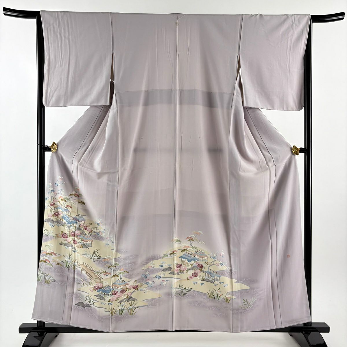 色留袖禮服 身長159.5cm 袖長64.5cm M 雙層 落款あり 風景 松樹竹子梅花 漸層 灰紫 純蠶絲 秀品級 一つ紋