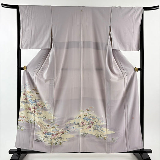 色留袖禮服 身長159.5cm 袖長64.5cm M 雙層 落款あり 風景 松樹竹子梅花 漸層 灰紫 純蠶絲 秀品級 一つ紋