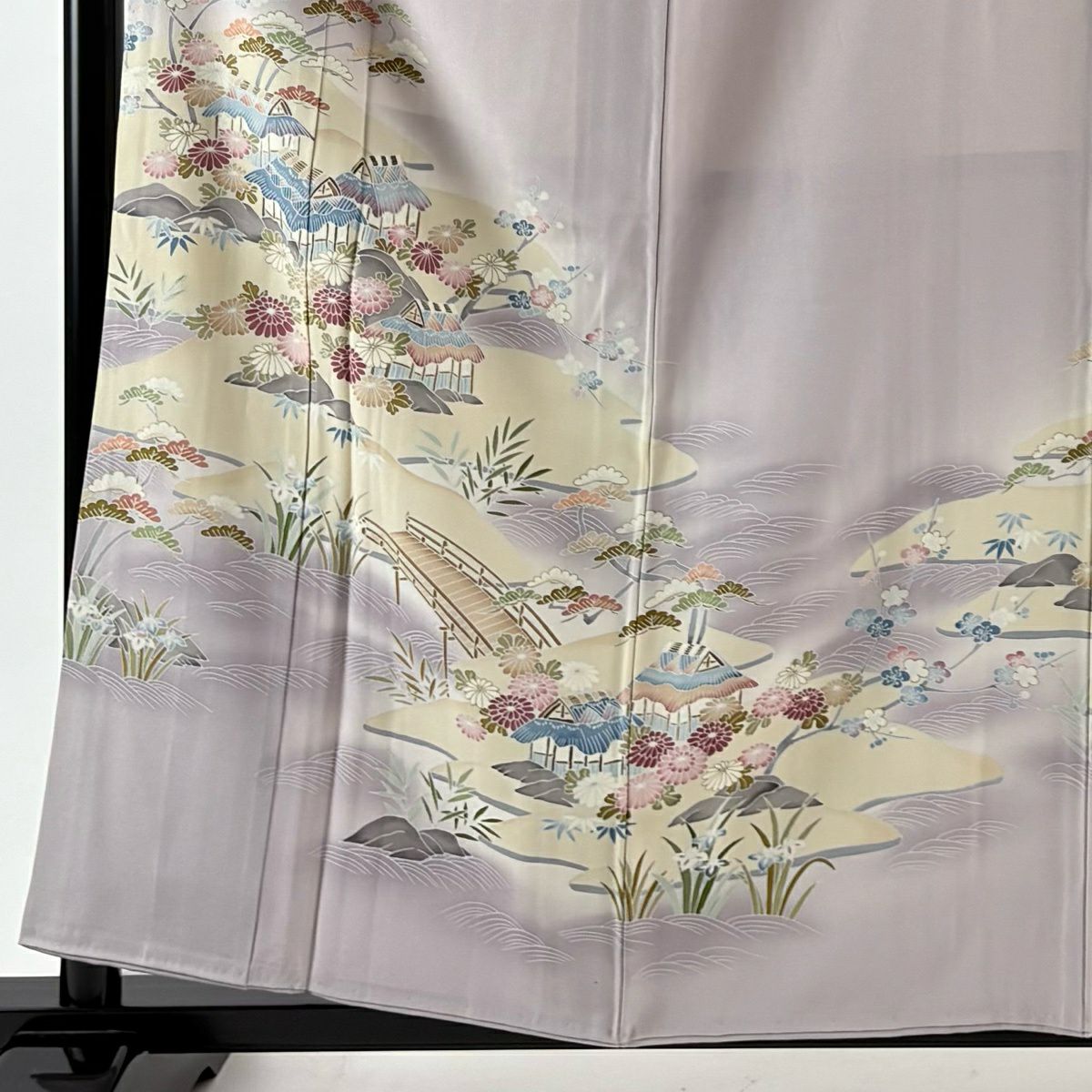 色留袖禮服 身長159.5cm 袖長64.5cm M 雙層 落款あり 風景 松樹竹子梅花 漸層 灰紫 純蠶絲 秀品級 一つ紋