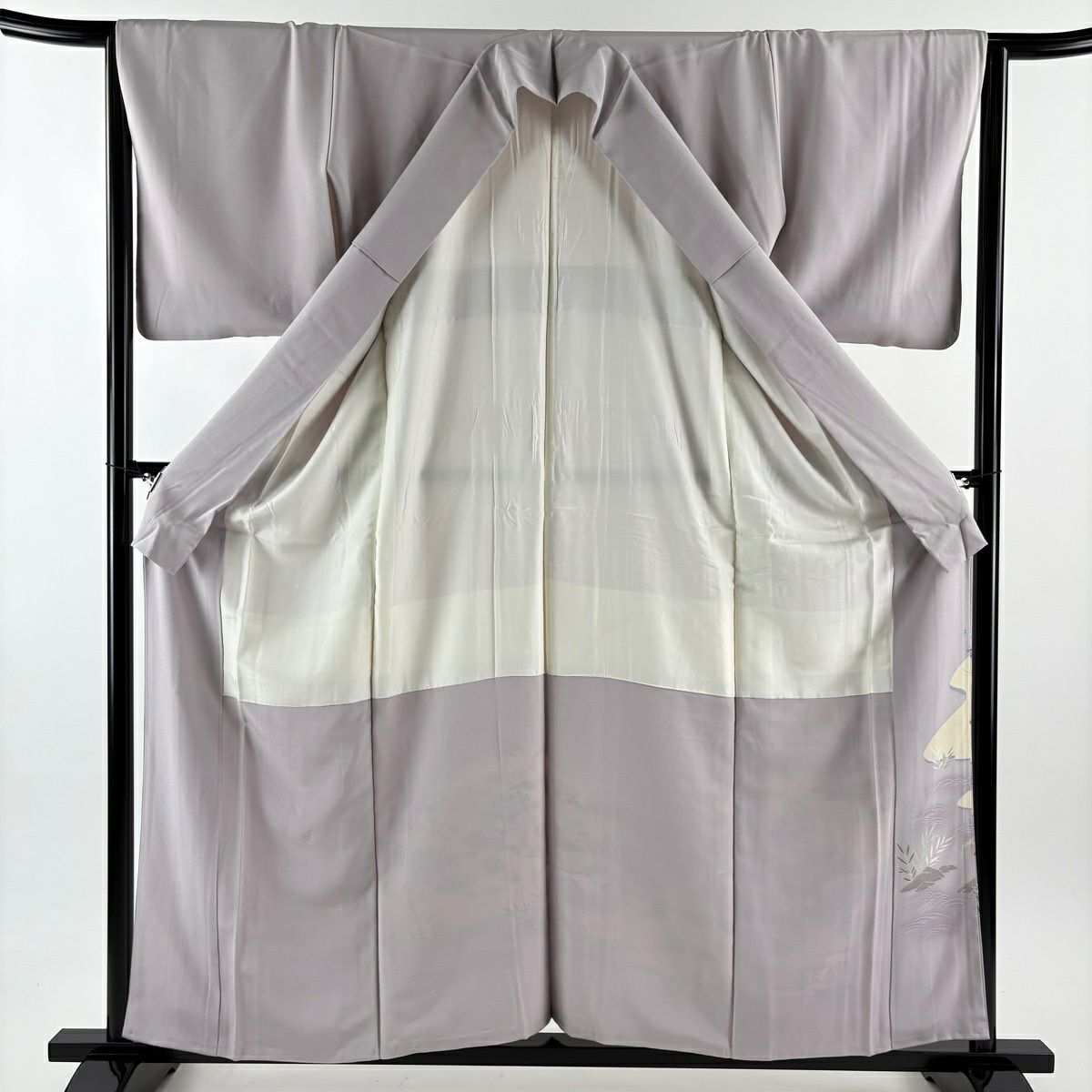 色留袖禮服 身長159.5cm 袖長64.5cm M 雙層 落款あり 風景 松樹竹子梅花 漸層 灰紫 純蠶絲 秀品級 一つ紋